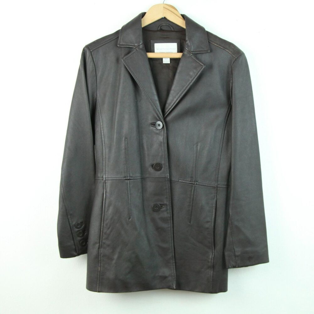 Worthing Petite Medium‎ Vintage Y2K Brown Leather Jacket Minimal Goth Emo Grunge